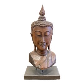 Mid 20th Century Balinese Hand Carved Wood Buddha Head + Stand