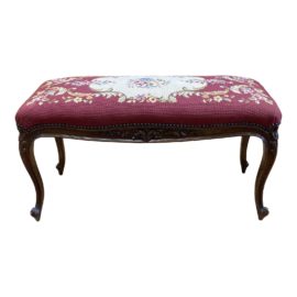 Mid 20th Century Carved Wood + Embroidered Upholstery Bench