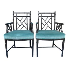 Custom Design Chippendale Velvet Arm Chairs - a Pair. Original Price: $3,500