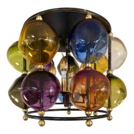 Mid 20th Century Multi-Color Blown Glass + Metal Flush Mount Light