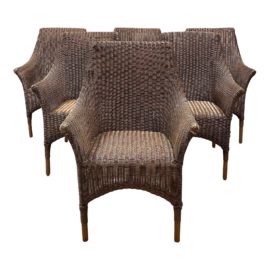 Palecek Bamboo + Wicker Arm Chair + Seat Cushion - Set of Six. Original Price: $3,000