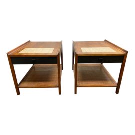 Mid 20th Century Martin Borenstein for Dillingham Teak & Travertine Cane Side Tables - a Pair
