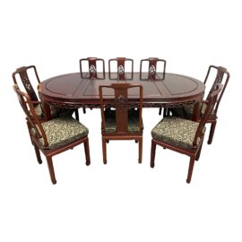 Asian Rosewood Extension Dining Table + Eight Chairs Set