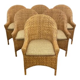 Custom Bamboo + Wicker Curved Arm Chair - Set of Six