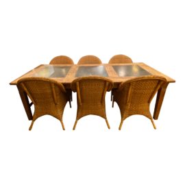 Early 20th Solid Wood + Marble Table & Wicker Chair Dining Set