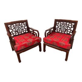 Asian Rosewood Lounge Chairs + Cushions - a Pair