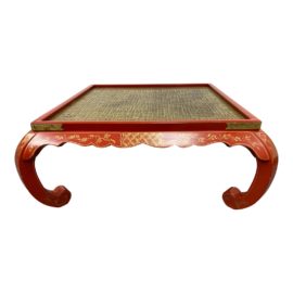 Late 20th Century Coral Red + Brass Chinese Coffee Table