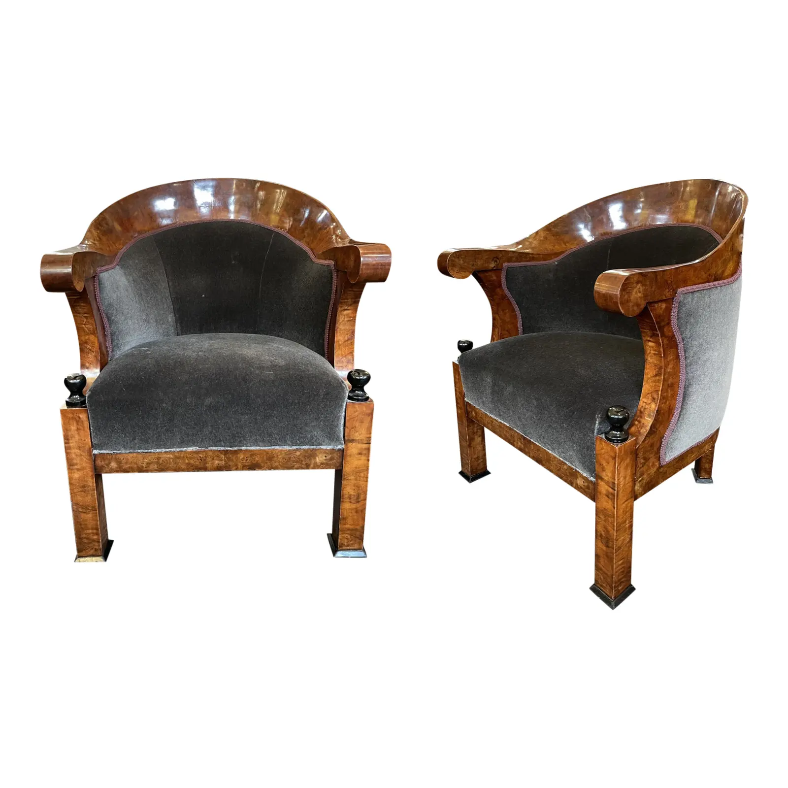 Biedermeier Burl Wood Empire Style Armchairs - a Pair