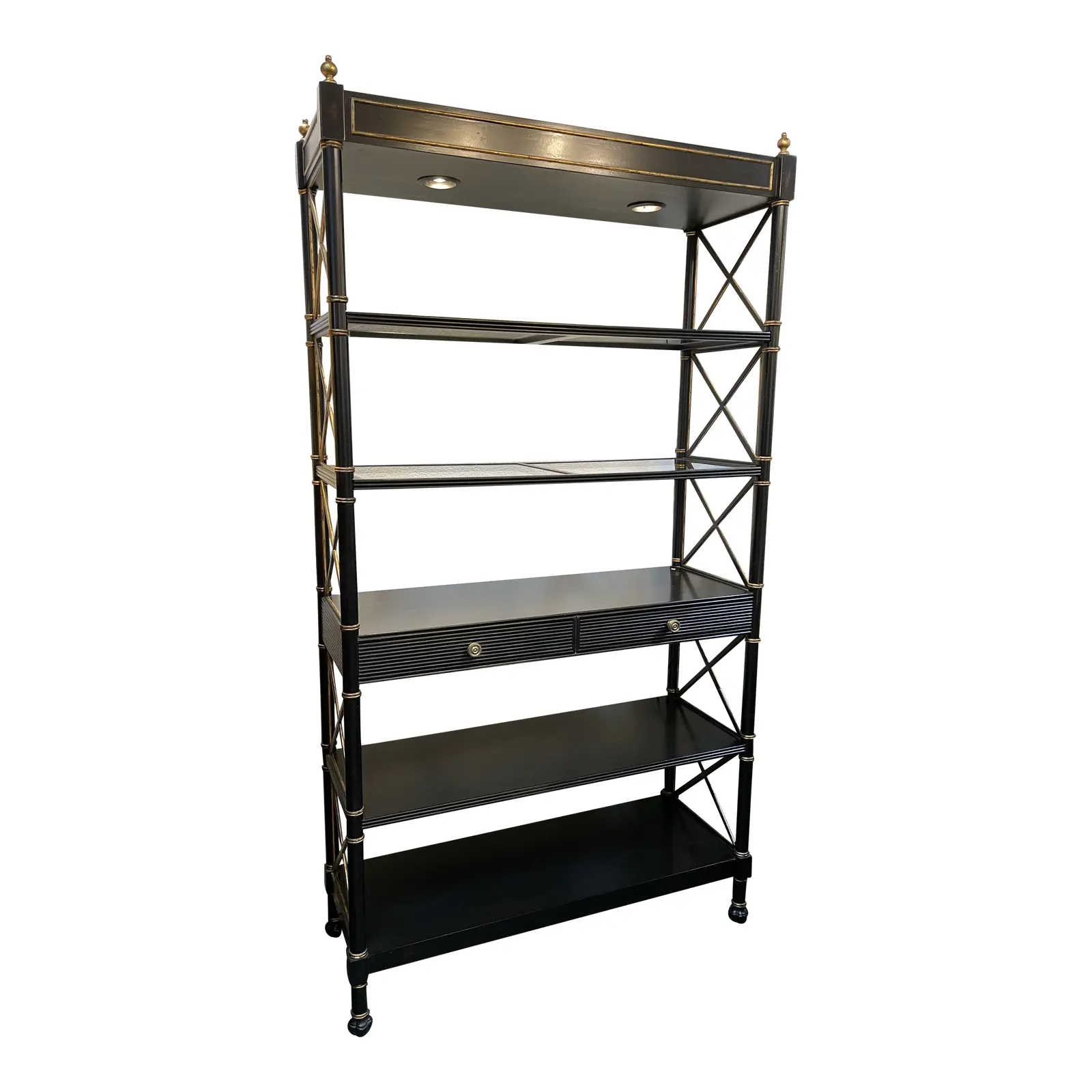 Sherrill Furniture Empire Etagere + Lighting. Original Price: $2,500