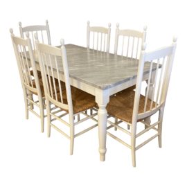 Italian Marble Dining Table + Set of Six Rush Seat Chairs Dining Set