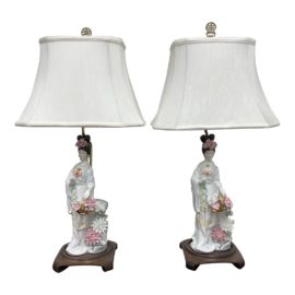 Vintage Porcelain Figurines Table Lamps - a Pair