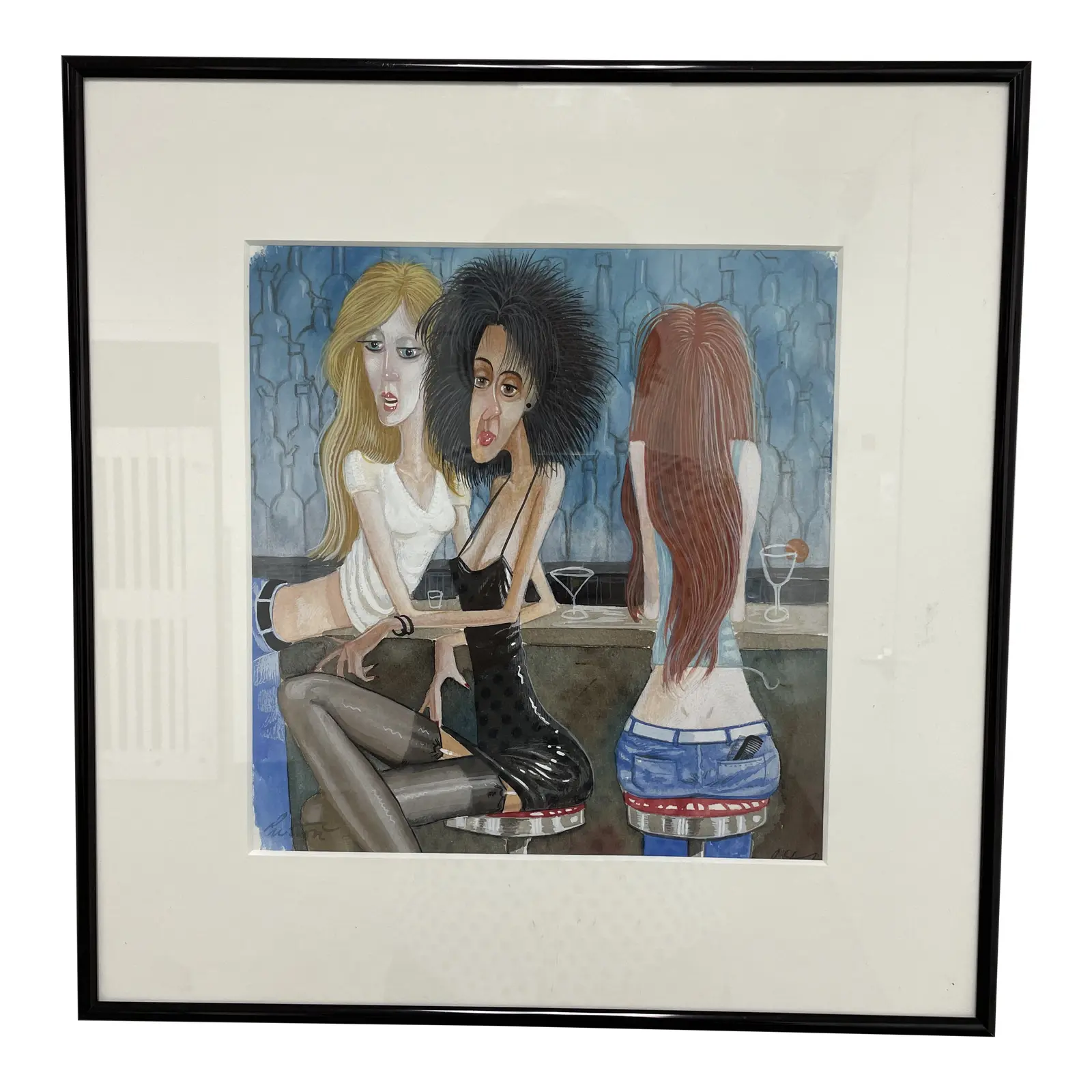 Larry Preston Original Watercolor "Girls at Bar"