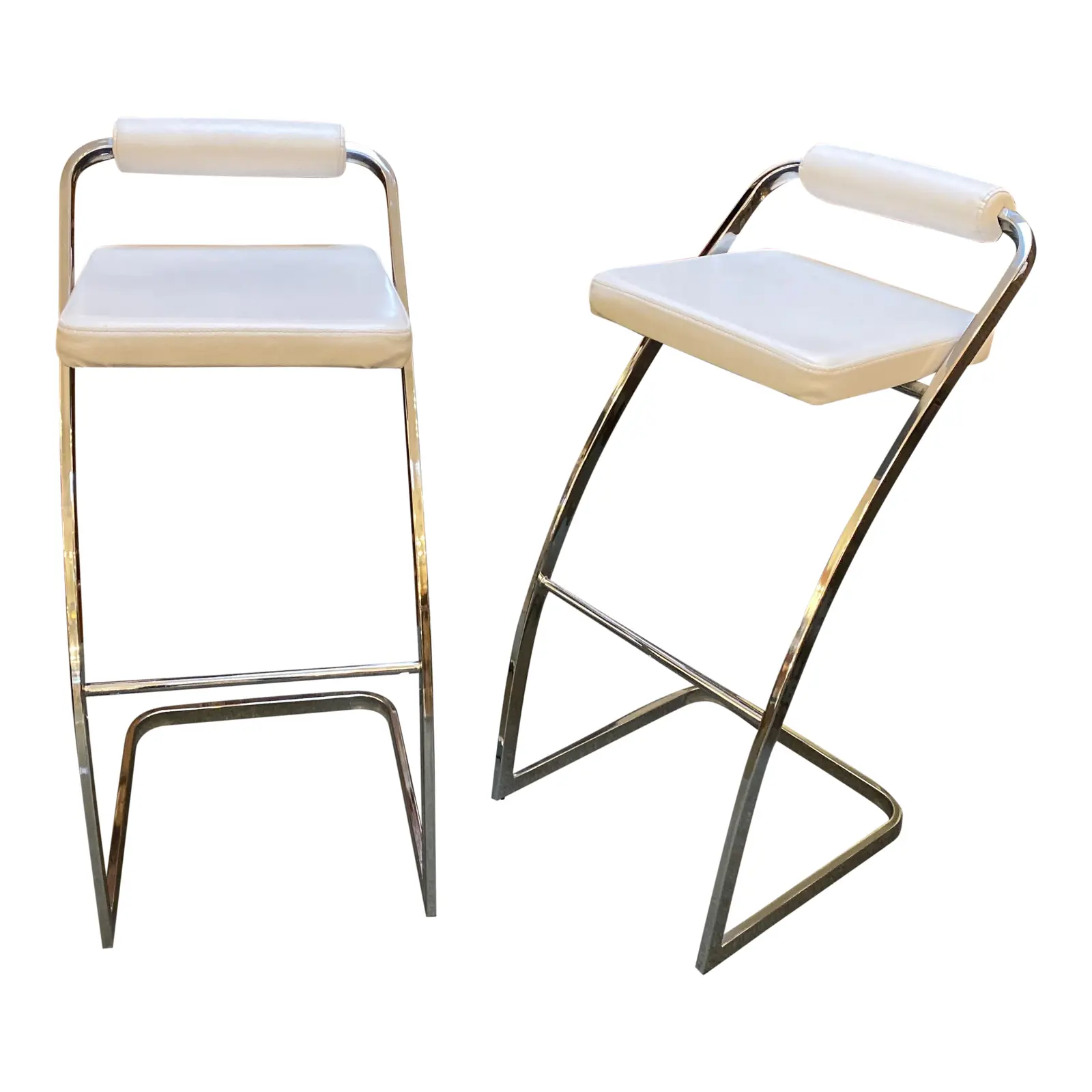 Late 20th Century White + Chrome Bar Stools - a Pair