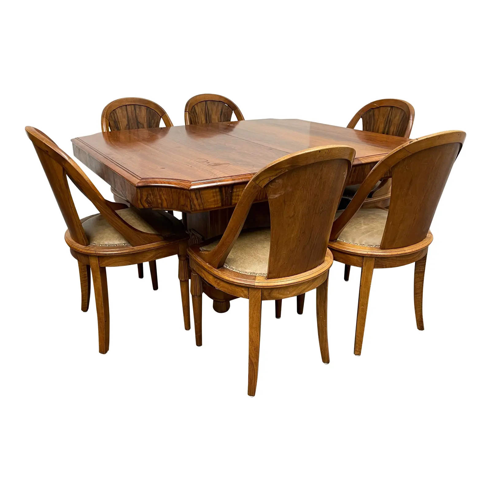 French Deco Walnut Table + Six Wood + Leather Chairs Set. Original Price: $2,500