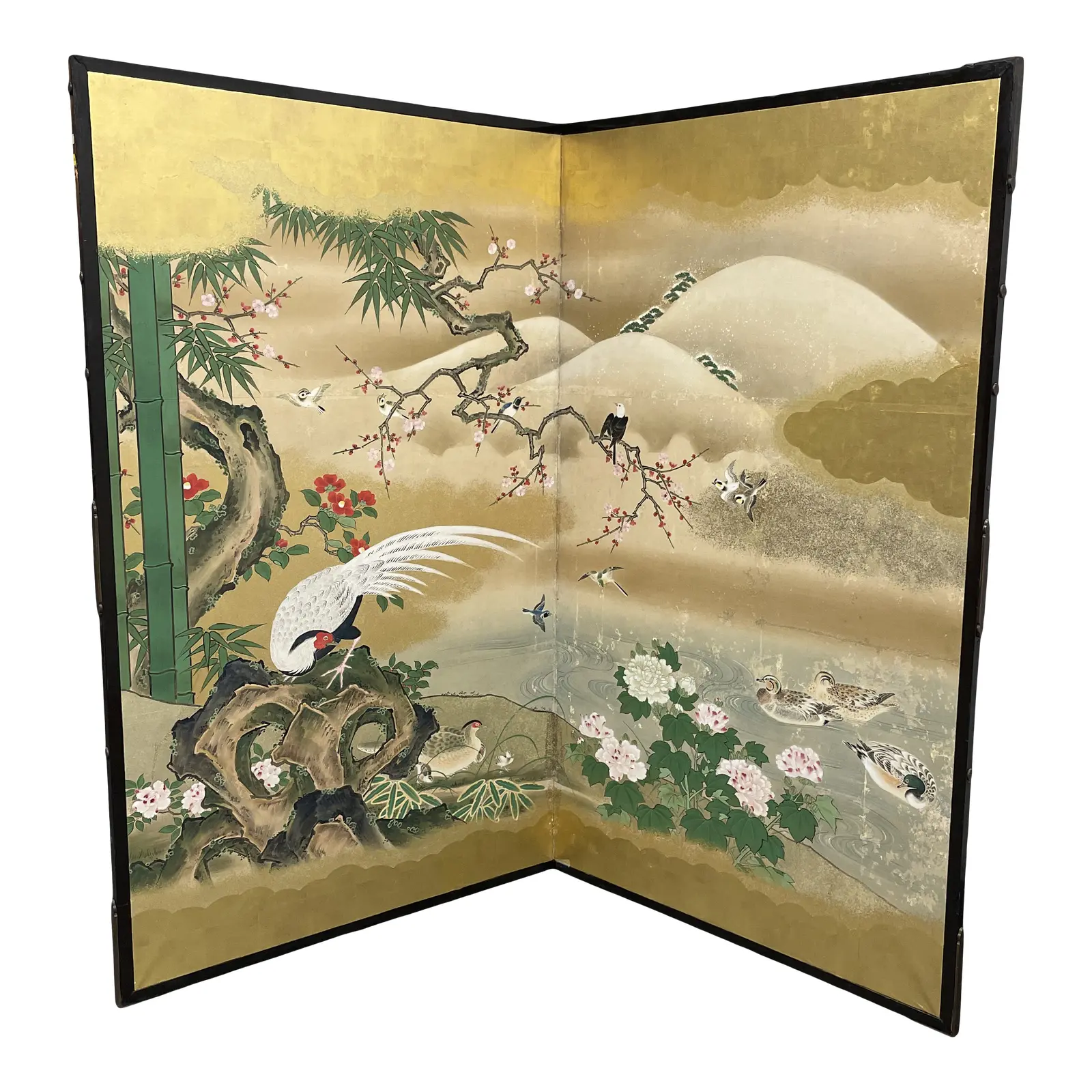 Late 18th-Century Byobu "Spring Pond" Japanese Two Panel Screen. Original Price: $10,000