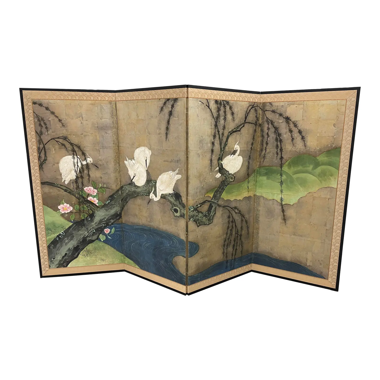 Late 19th Century "Egrets in Willow" Japanese 4 Panel Screen. Original Price: $6,750
