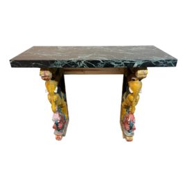 Indonesian Custom Design Hand Carved Corbel Base Marble Top Console. Original Price: $3,000