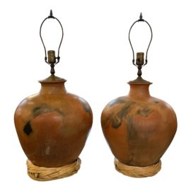 Late 20th Century Terracotta Table Lamps on Woven Stands, a Pair