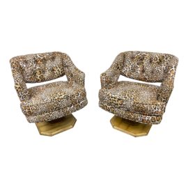 Late 20th Century Custom Cheetah Tufted Swivel Chairs - a Pair