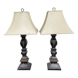Vaughan Designs Black + Gold Hand Painted Chinoiserie Table Lamps - a Pair