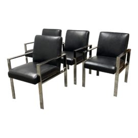 William Sonoma Mercer Leather + Polished Chrome Arm Chairs - Set of Four. Original Price: $4,780