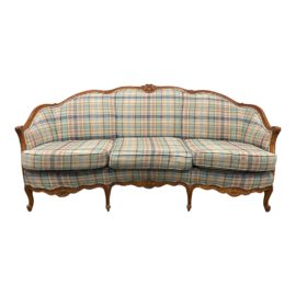 Mid 20th Century Bergere + Plaid Upholstery Sofa