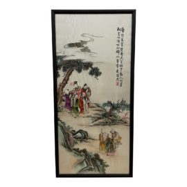 Late 20th Century Framed Chinese Embroidered + Hand Painted Silk Panel