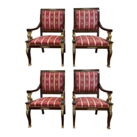 Early 20th Century Empire Brass Sphinx + Wood Arm Chairs - Set of Four