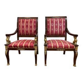 Early 20th Century Empire Sphinx Brass + Wood Arm Chairs - a Pair
