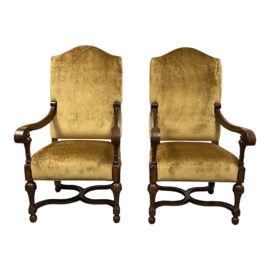 Custom Design Bronze Velvet Spanish Revival Captain's Arm Chairs - a Pair