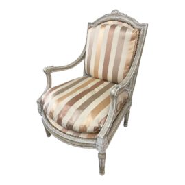 Early 20th Century Wood + Silk Stripe Fabric Arm Chair