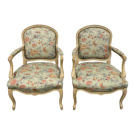 Custom Design Chinoiserie Fabric Cerused Bergere Arm Chairs - a Pair