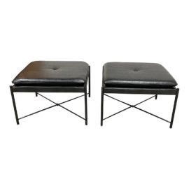 Dovetail Mid-Century Style Vinyl Metal Base Ottomans - a Pair