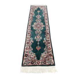 Vintage Hand Knotted Green + Ivory Wool Runner - 2′3″ × 8′