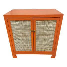 Custom Design Orange Lacquered + Cane Cabinet. Original Price: $1,200