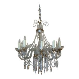 Early 20th Century 12 Light Hollywood Regency Crystal + Brass Chandelier
