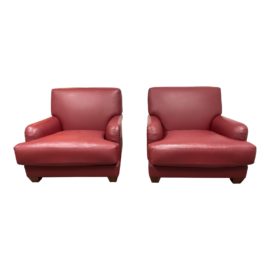 Early 21st Century Custom Design Burgundy Leather Rolled Arm Lounge Chairs - a Pair