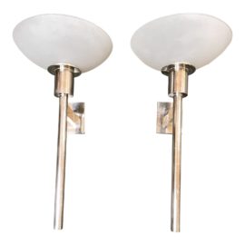 Phoenix Day Custom Nickel + Frosted Glass Sconces, a Pair