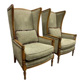 Late 20th Century English Traditional Celadon Chenille Captain's Chairs - a Pair