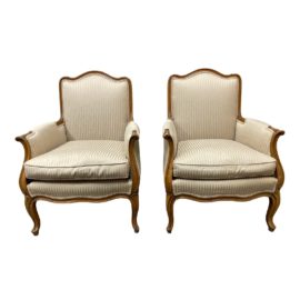 Pair of Vintage Custom Fruitwood + Champagne Striped Bergere Chairs, Original Price: $5,000.00