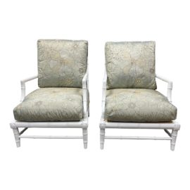 Pair of  Century Furniture Bamboo Wood Arm Chair + Silk Cushions