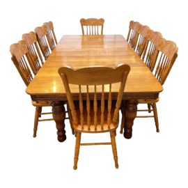 Antique Oak Dining Table + 10 Press Back Chairs