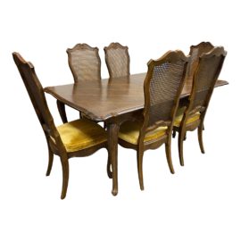 Late 20th Century French Cane + Six Velvet + Caned Chairs Dining Set