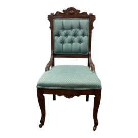 Late 19th Century East Lake Wood + Sage Fabric Side Chair