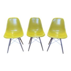 Eames Herman Miller Yellow Molded Fiberglass Side Chairs + Dowel Base - Set of 3. Original Price: $2,385