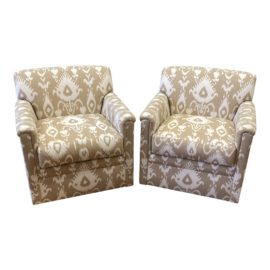 Ethan Allen Custom Ikat Beige + Ivory Swivel Chairs - a Pair