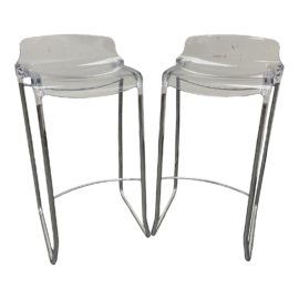 Casprini Marcello Ziliani Tiffany Lucite + Polished Chrome Bar Stools - a Pair