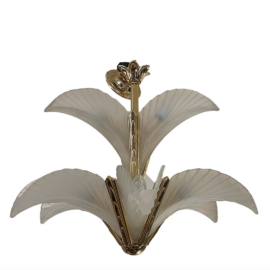 Italian Double Tiered Frosted Glass Palm + Polished Brass Deco Chandelier