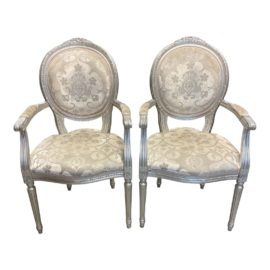 Italian Custom Silver Bergerre Chairs in Fortuny Fabric - a Pair