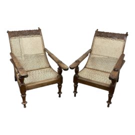 Early 20th Century Cane + Teak Planter's Chairs - a Pair